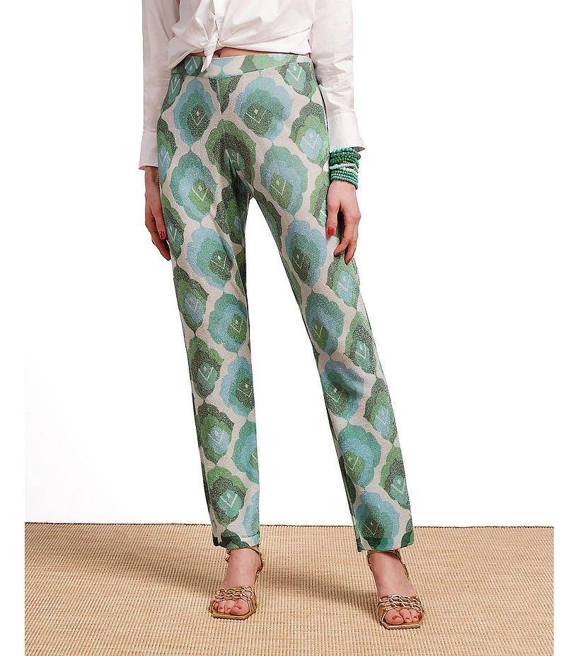 FRANCES VALENTINE Robbie Graphic Leaf Flat Front High Rise Pull On Coordinating Pants