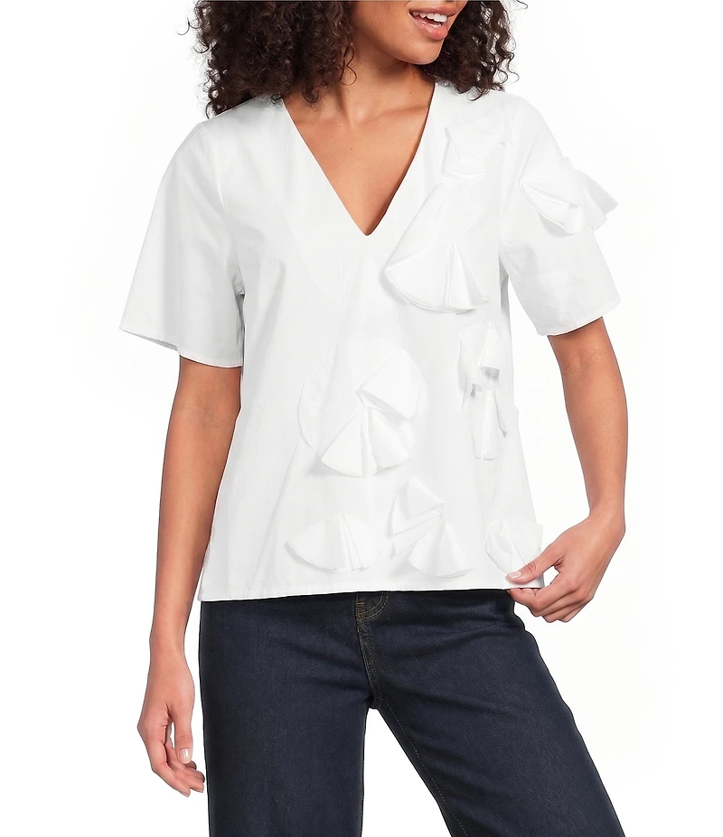 FRANCES VALENTINE Schooner 3D Origami Flower Applique V-Neck Short Sleeve Top