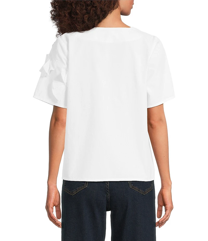 FRANCES VALENTINE Schooner 3D Origami Flower Applique V-Neck Short Sleeve Top