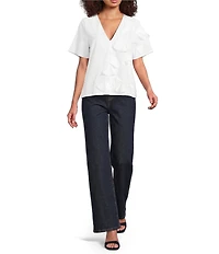 FRANCES VALENTINE Schooner 3D Origami Flower Applique V-Neck Short Sleeve Top