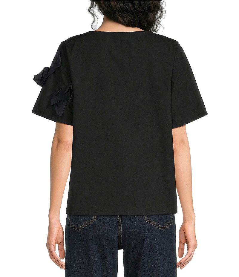FRANCES VALENTINE Schooner 3D Origami Flower Applique V-Neck Short Sleeve Top