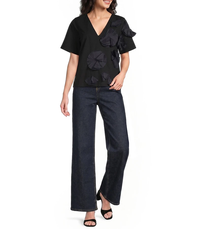 FRANCES VALENTINE Schooner 3D Origami Flower Applique V-Neck Short Sleeve Top