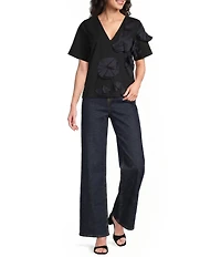 FRANCES VALENTINE Schooner 3D Origami Flower Applique V-Neck Short Sleeve Top