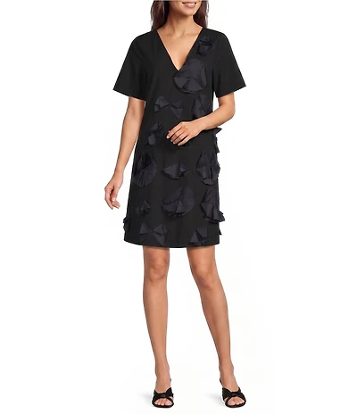 FRANCES VALENTINE Schooner Cotton Poplin Origami 3-D Flower Embellished V-Neck Short Sleeve Shift Dress