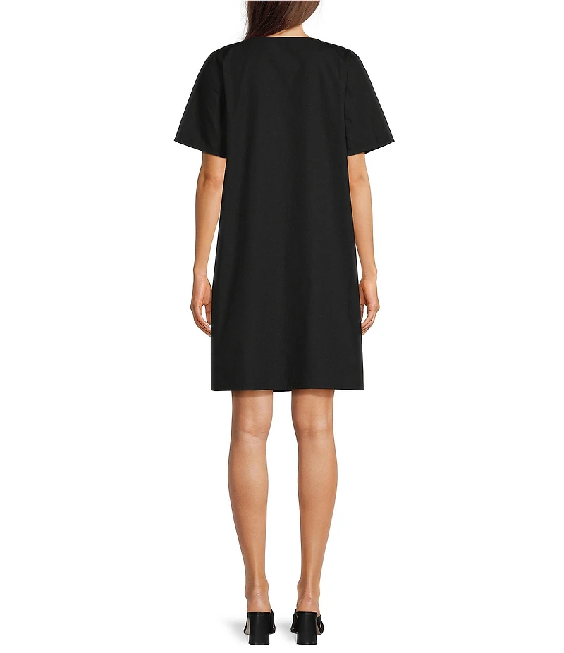 FRANCES VALENTINE Schooner Cotton Poplin Origami 3-D Flower Embellished V-Neck Short Sleeve Shift Dress