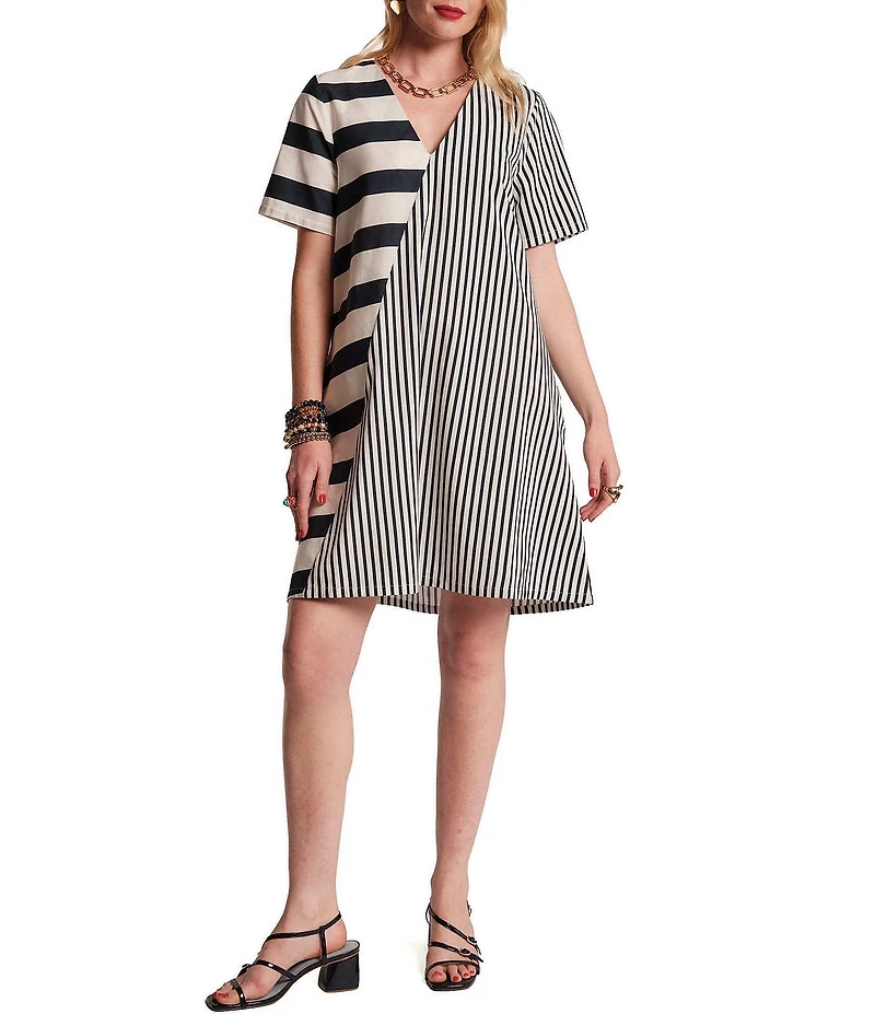 FRANCES VALENTINE Schooner Mixed Stripe Cotton Poplin V-Neck Short Sleeve Shift Dress