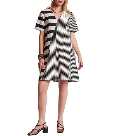 FRANCES VALENTINE Schooner Mixed Stripe Cotton Poplin V-Neck Short Sleeve Shift Dress