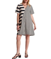FRANCES VALENTINE Schooner Mixed Stripe Cotton Poplin V-Neck Short Sleeve Shift Dress