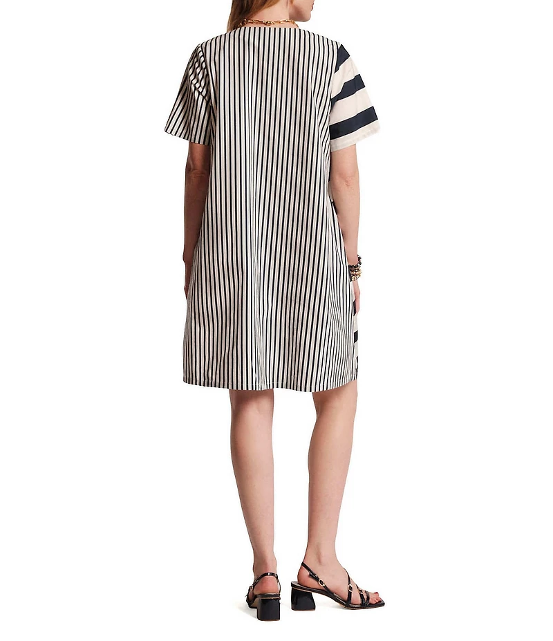 FRANCES VALENTINE Schooner Mixed Stripe Cotton Poplin V-Neck Short Sleeve Shift Dress