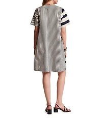 FRANCES VALENTINE Schooner Mixed Stripe Cotton Poplin V-Neck Short Sleeve Shift Dress