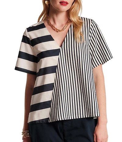 FRANCES VALENTINE Schooner Mixed Stripe Poplin V-Neck Short Sleeve Top