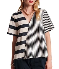 FRANCES VALENTINE Schooner Mixed Stripe Poplin V-Neck Short Sleeve Top