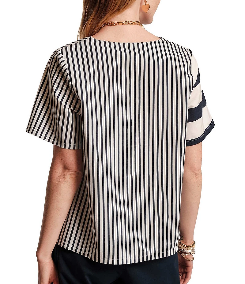 FRANCES VALENTINE Schooner Mixed Stripe Poplin V-Neck Short Sleeve Top