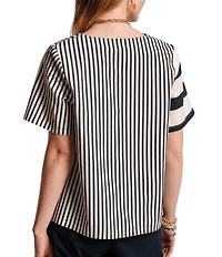 FRANCES VALENTINE Schooner Mixed Stripe Poplin V-Neck Short Sleeve Top