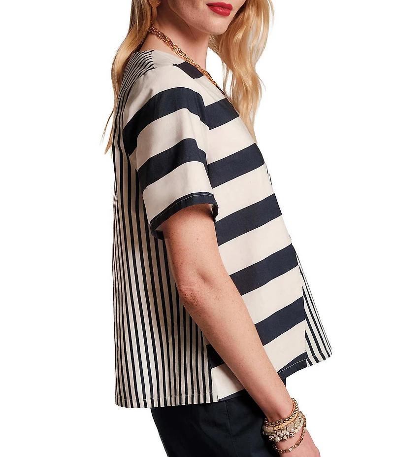 FRANCES VALENTINE Schooner Mixed Stripe Poplin V-Neck Short Sleeve Top