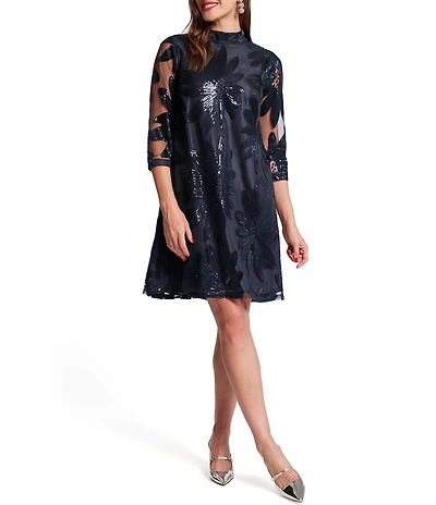 FRANCES VALENTINE Sequin Embellished Tulle Mesh Mock Neck 3/4 Sleeve Diplomat Shift Dress