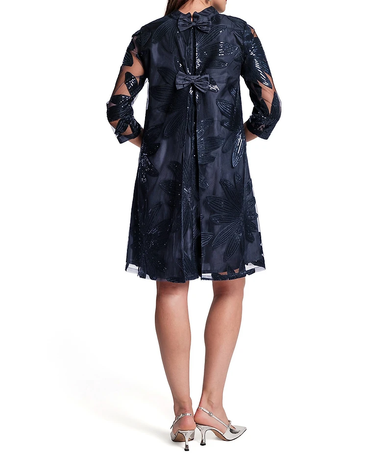 FRANCES VALENTINE Sequin Embellished Tulle Mesh Mock Neck 3/4 Sleeve Diplomat Shift Dress