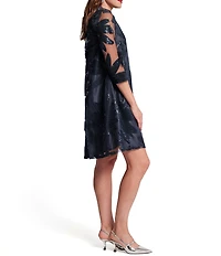 FRANCES VALENTINE Sequin Embellished Tulle Mesh Mock Neck 3/4 Sleeve Diplomat Shift Dress