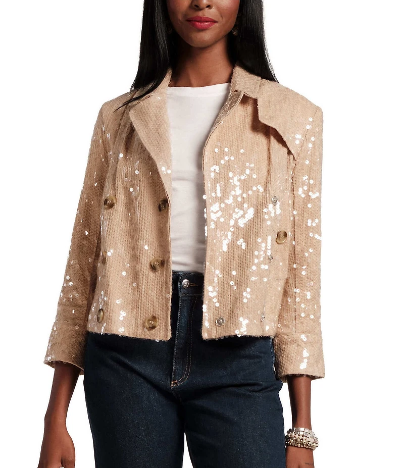 FRANCES VALENTINE Sequin Notch Collar 3/4 Sleeve Double Breasted Moto Jacket