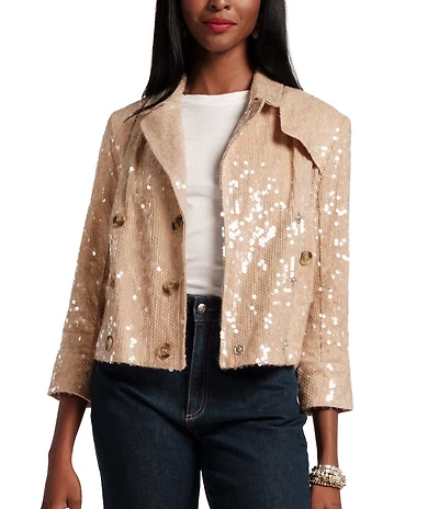 FRANCES VALENTINE Sequin Notch Collar 3/4 Sleeve Double Breasted Moto Jacket