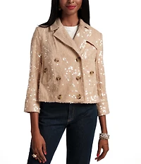 FRANCES VALENTINE Sequin Notch Collar 3/4 Sleeve Double Breasted Moto Jacket