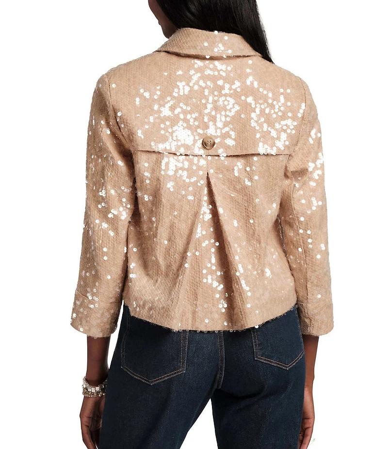 FRANCES VALENTINE Sequin Notch Collar 3/4 Sleeve Double Breasted Moto Jacket