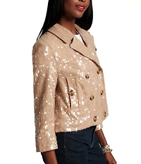 FRANCES VALENTINE Sequin Notch Collar 3/4 Sleeve Double Breasted Moto Jacket