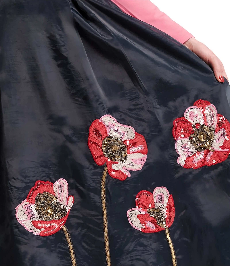 FRANCES VALENTINE Shea Paradise Poppy Embroidered Organza A-Line Midi Skirt