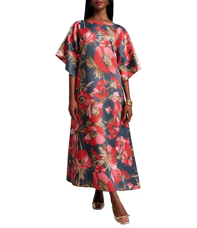 FRANCES VALENTINE Spinnaker Paradise Poppy Silk Scoop Neck 3/4 Sleeve Flowy Maxi Dress
