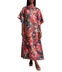 FRANCES VALENTINE Spinnaker Paradise Poppy Silk Scoop Neck 3/4 Sleeve Flowy Maxi Dress