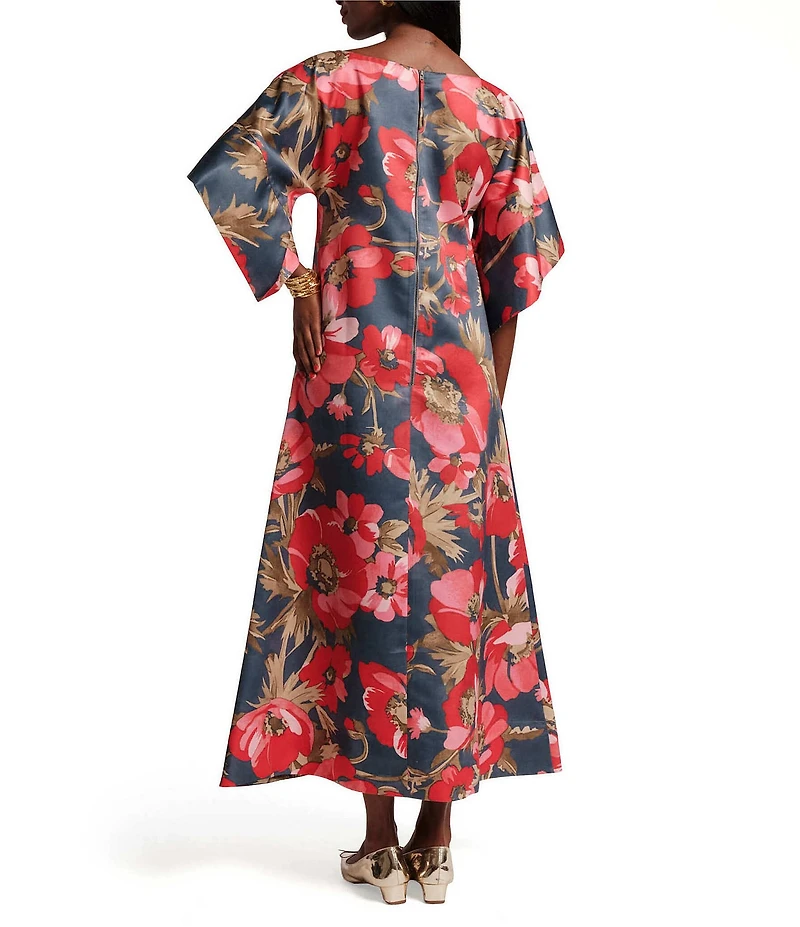 FRANCES VALENTINE Spinnaker Paradise Poppy Silk Scoop Neck 3/4 Sleeve Flowy Maxi Dress