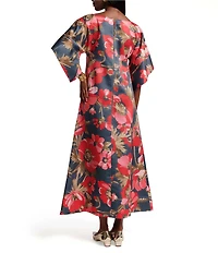 FRANCES VALENTINE Spinnaker Paradise Poppy Silk Scoop Neck 3/4 Sleeve Flowy Maxi Dress