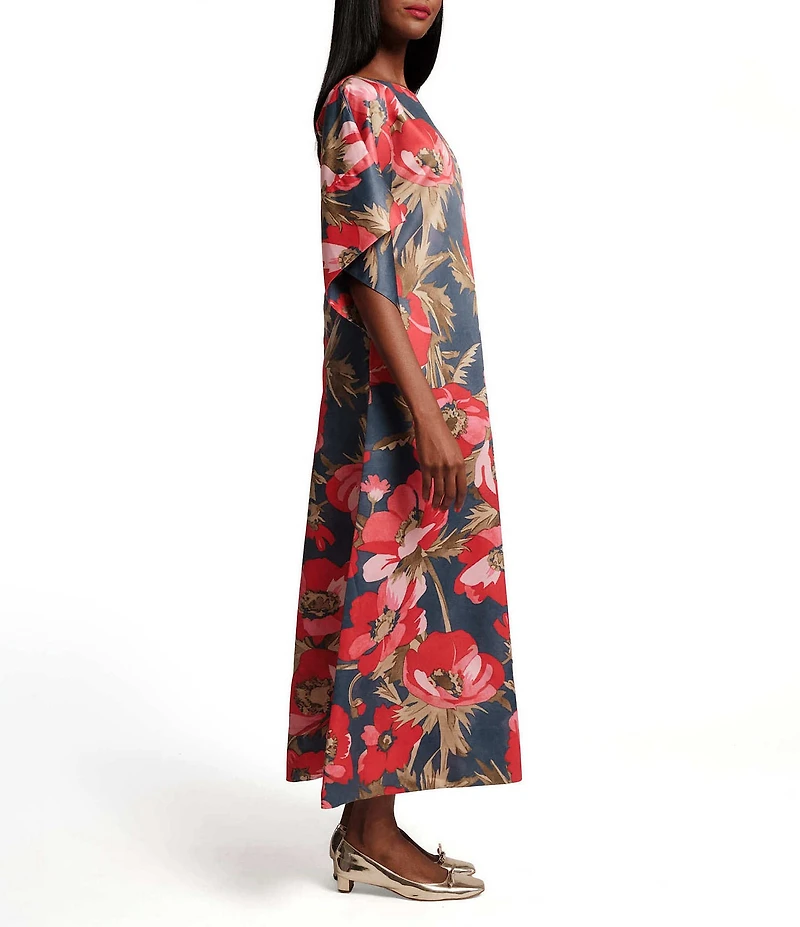 FRANCES VALENTINE Spinnaker Paradise Poppy Silk Scoop Neck 3/4 Sleeve Flowy Maxi Dress