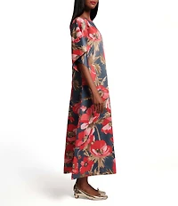 FRANCES VALENTINE Spinnaker Paradise Poppy Silk Scoop Neck 3/4 Sleeve Flowy Maxi Dress