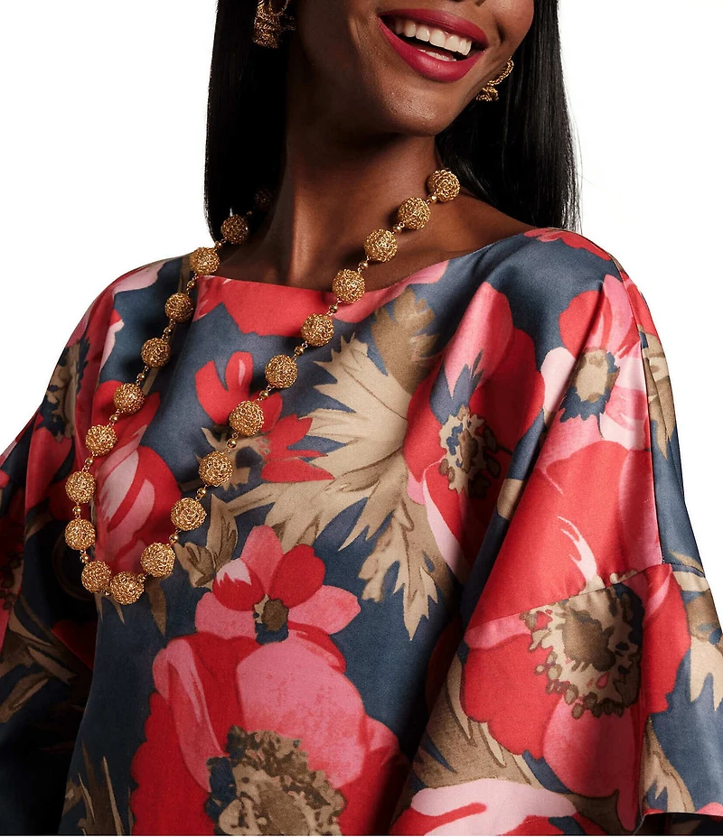 FRANCES VALENTINE Spinnaker Paradise Poppy Silk Scoop Neck 3/4 Sleeve Flowy Maxi Dress