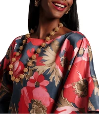 FRANCES VALENTINE Spinnaker Paradise Poppy Silk Scoop Neck 3/4 Sleeve Flowy Maxi Dress