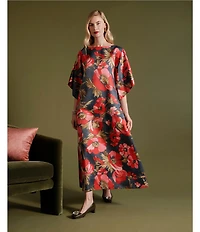 FRANCES VALENTINE Spinnaker Paradise Poppy Silk Scoop Neck 3/4 Sleeve Flowy Maxi Dress