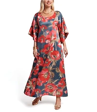 FRANCES VALENTINE Spinnaker Paradise Poppy Silk Scoop Neck 3/4 Sleeve Flowy Maxi Dress