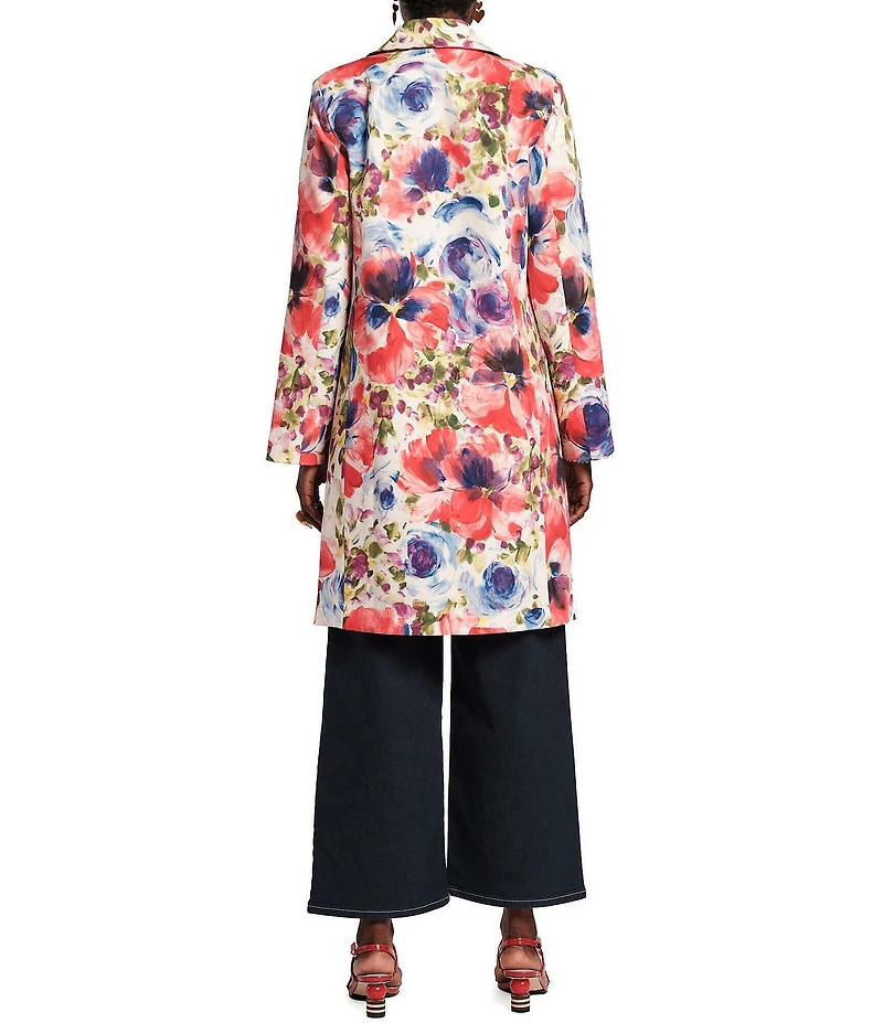 FRANCES VALENTINE Super Bloom Floral Print Dupioni Snap-Front Long Topper Jacket