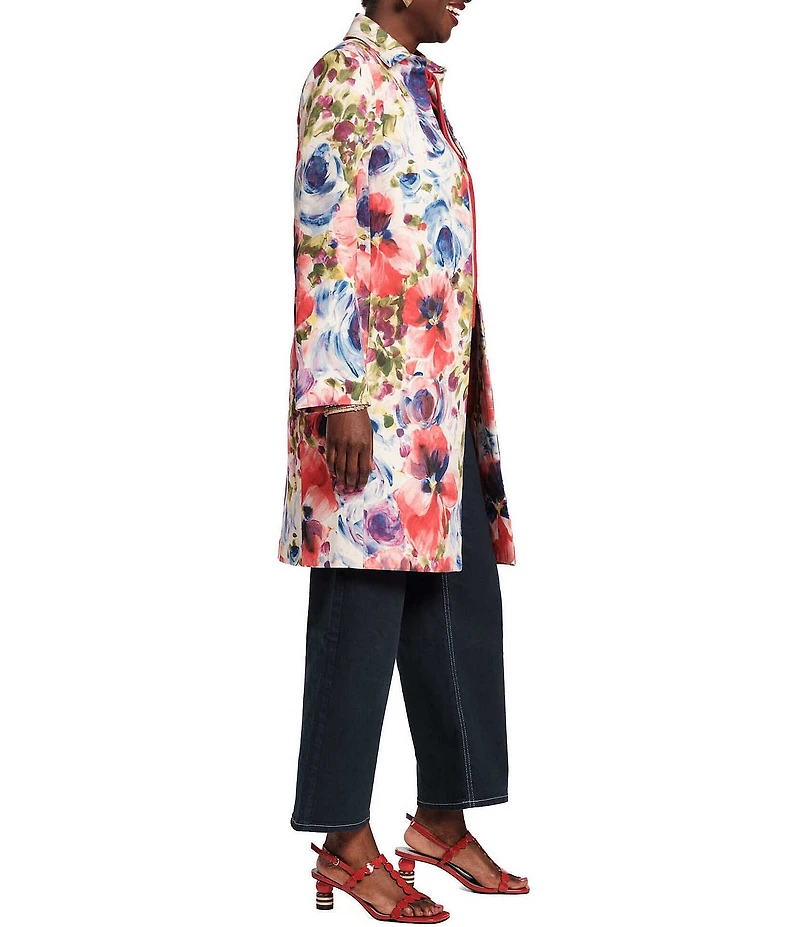 FRANCES VALENTINE Super Bloom Floral Print Dupioni Snap-Front Long Topper Jacket