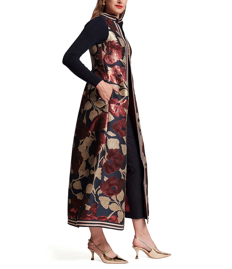 FRANCES VALENTINE Susie Metallic Floating Floral Mock Neck Sleeveless A-Line Maxi Vest