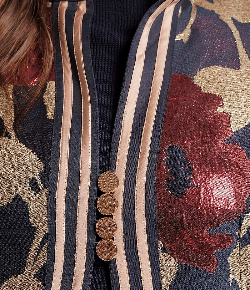 FRANCES VALENTINE Susie Metallic Floating Floral Mock Neck Sleeveless A-Line Maxi Vest