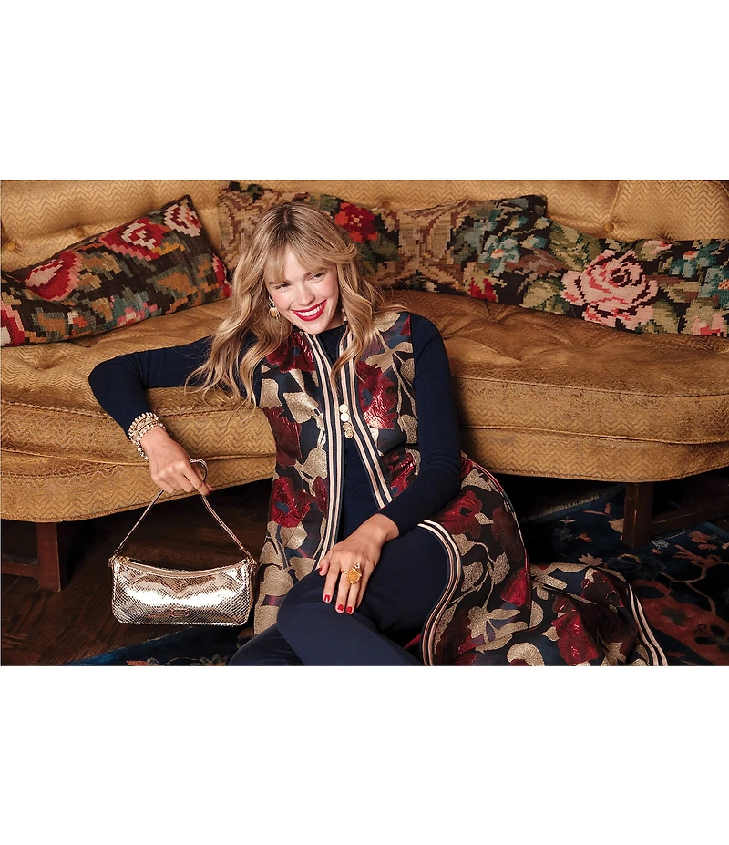 FRANCES VALENTINE Susie Metallic Floating Floral Mock Neck Sleeveless A-Line Maxi Vest