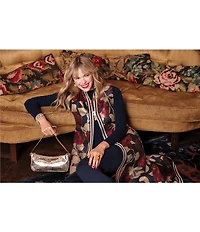 FRANCES VALENTINE Susie Metallic Floating Floral Mock Neck Sleeveless A-Line Maxi Vest