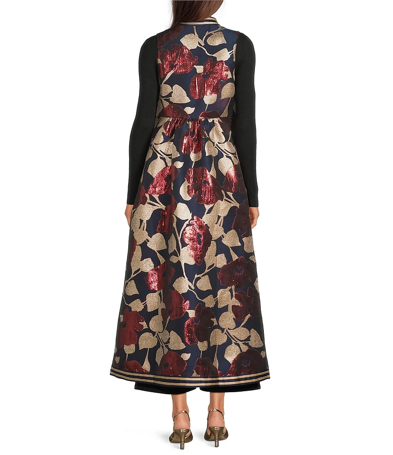 FRANCES VALENTINE Susie Metallic Floating Floral Mock Neck Sleeveless A-Line Maxi Vest