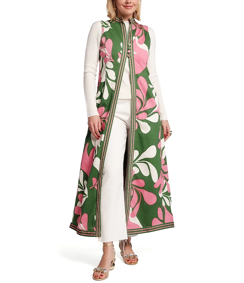 FRANCES VALENTINE Susie Modern Palm Mock Neck Sleeveless A-Line Maxi Vest