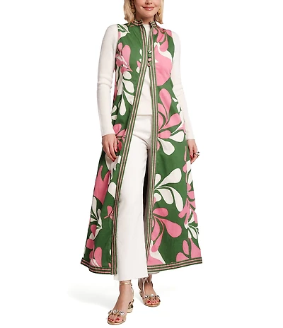 FRANCES VALENTINE Susie Modern Palm Mock Neck Sleeveless A-Line Maxi Vest