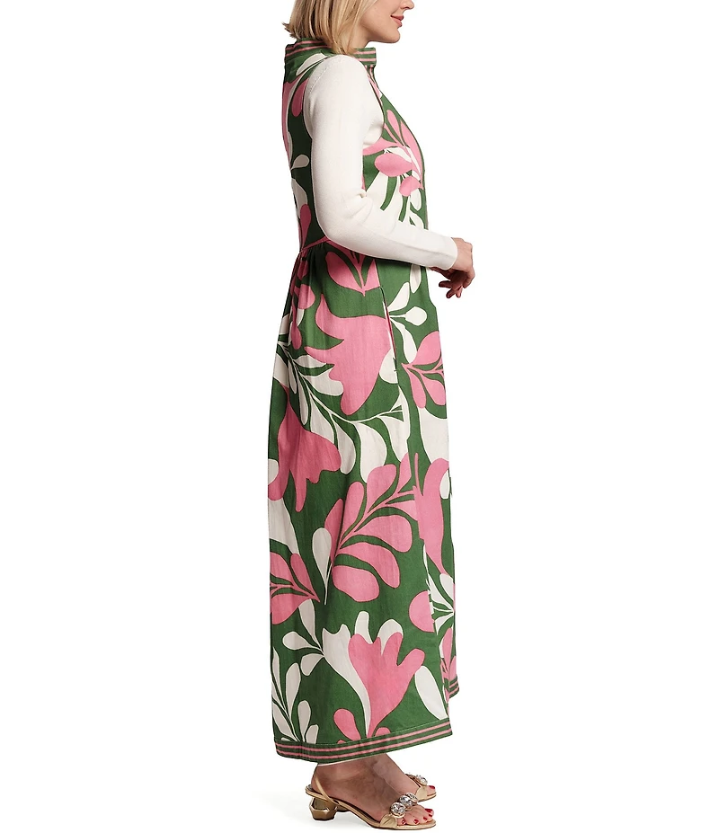 FRANCES VALENTINE Susie Modern Palm Mock Neck Sleeveless A-Line Maxi Vest