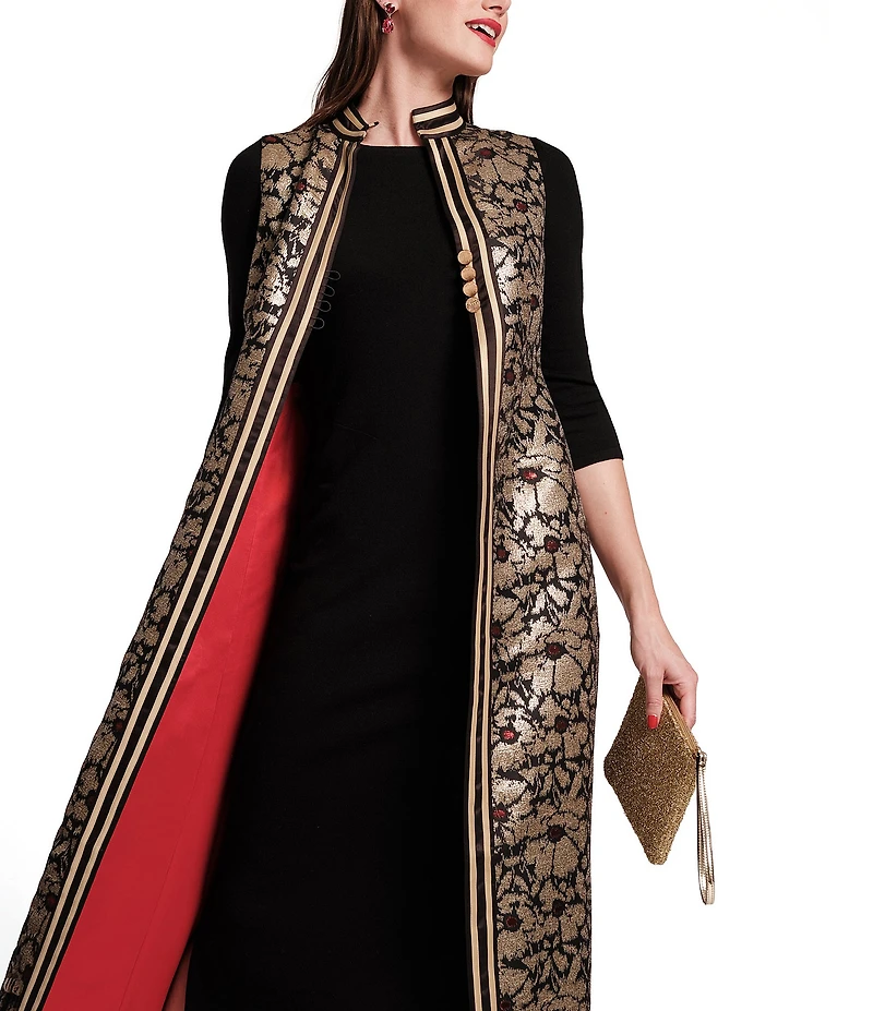 FRANCES VALENTINE Susie Winter Anemone Floral Metallic Jacquard Mandarin Collar Sleeveless Jacket Vest