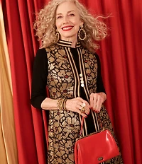 FRANCES VALENTINE Susie Winter Anemone Floral Metallic Jacquard Mandarin Collar Sleeveless Jacket Vest